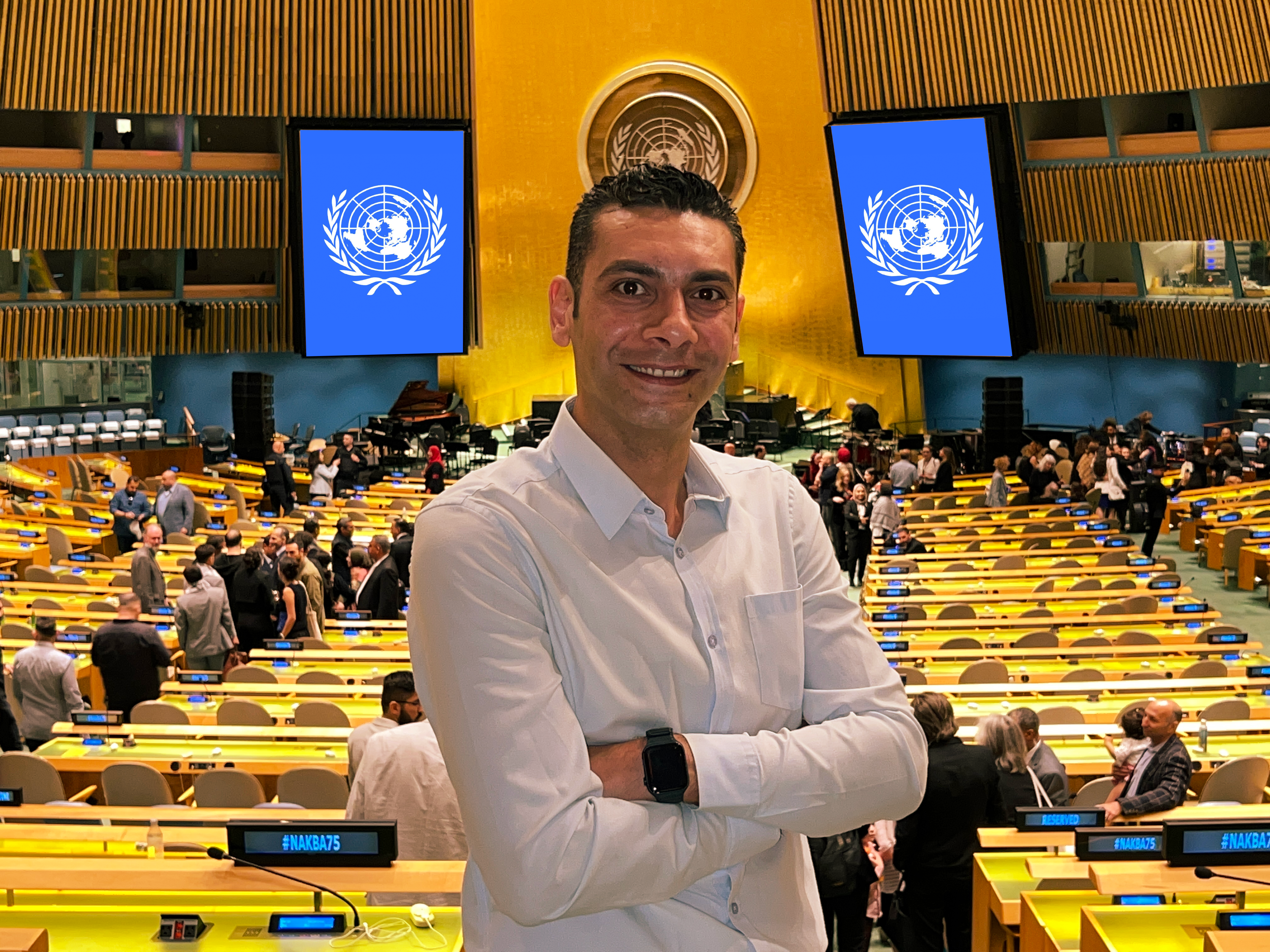 Ramy Ayoub from United Nations General Assembly hall, facing the rostrum